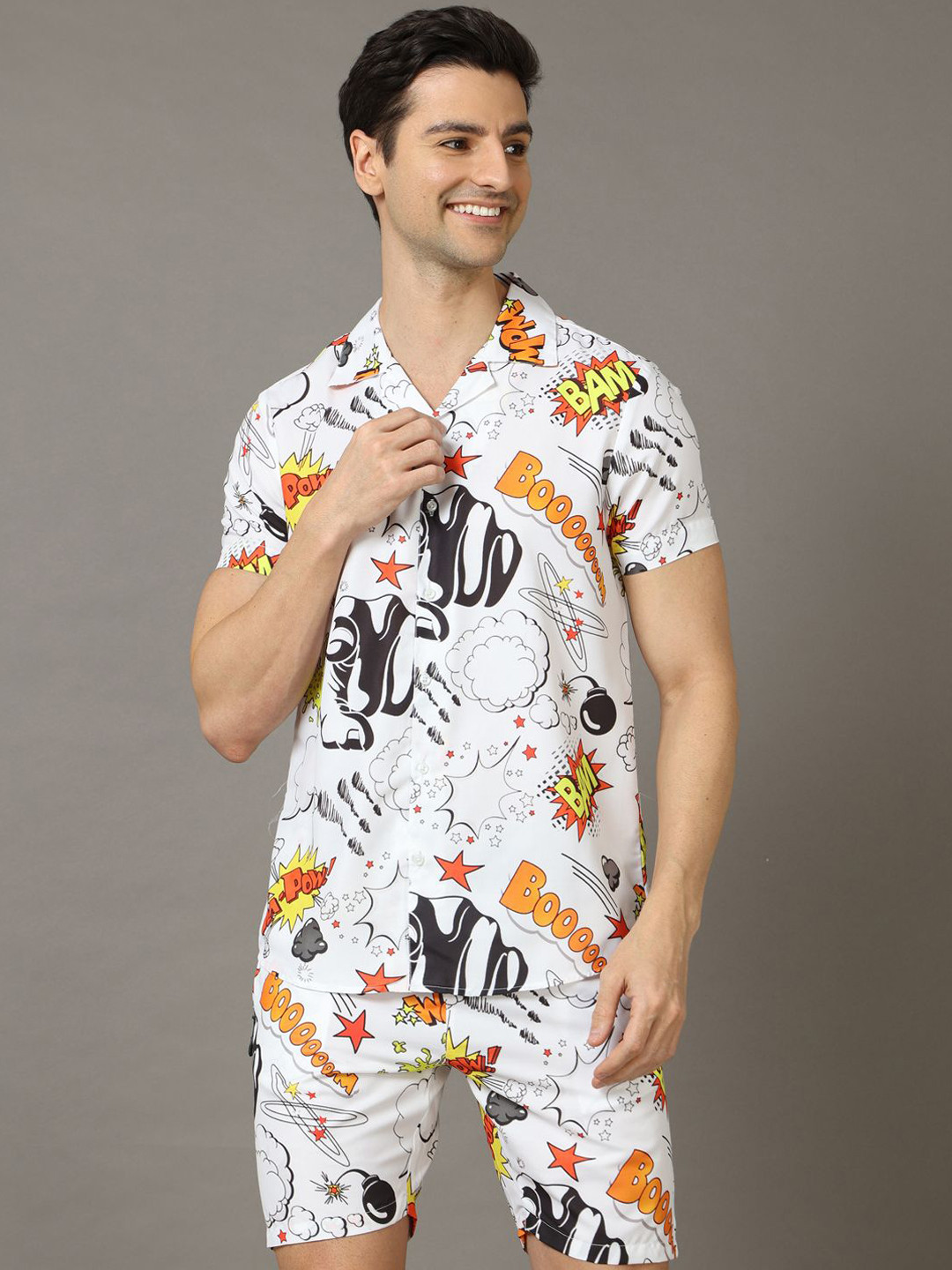 

Bushirt Abstract Printed Shirt Collar Night suit, White