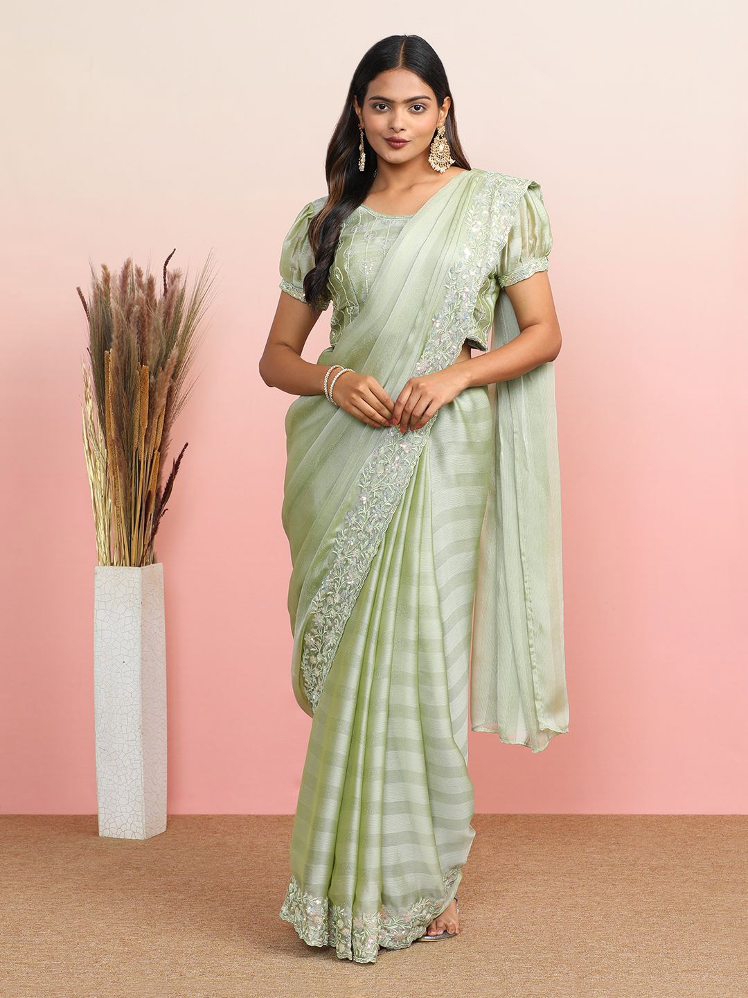 

MAHALASA Embroidered Striped Pure Chiffon Saree, Sea green