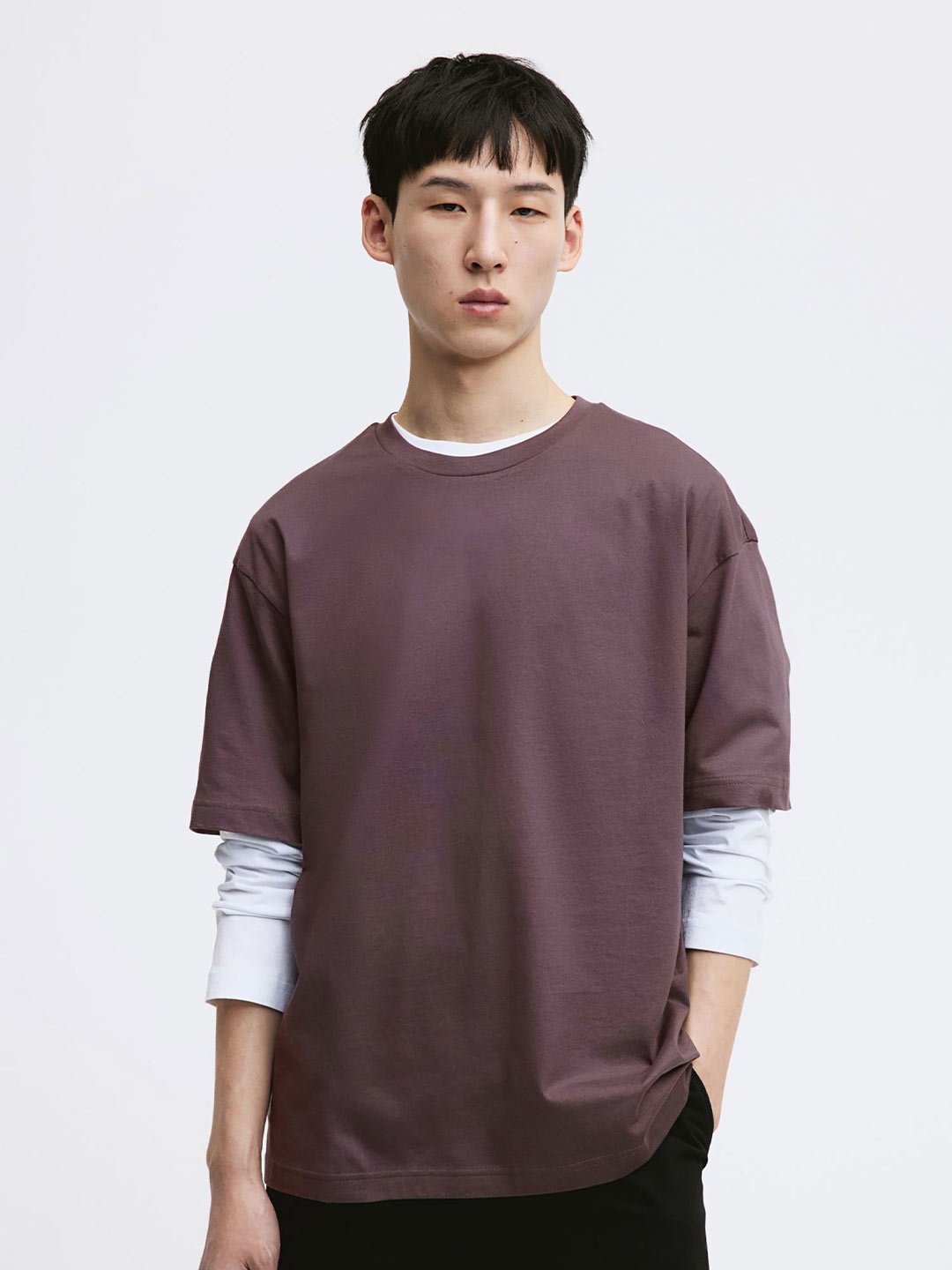 

MISCHIEF MONKEY Men Solid Round Neck Oversized T-shirt, Mauve