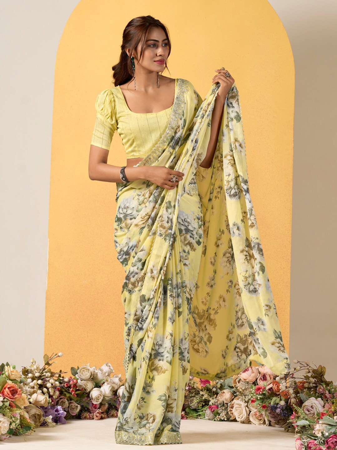 

Mitera Floral Embroidered Saree, Yellow