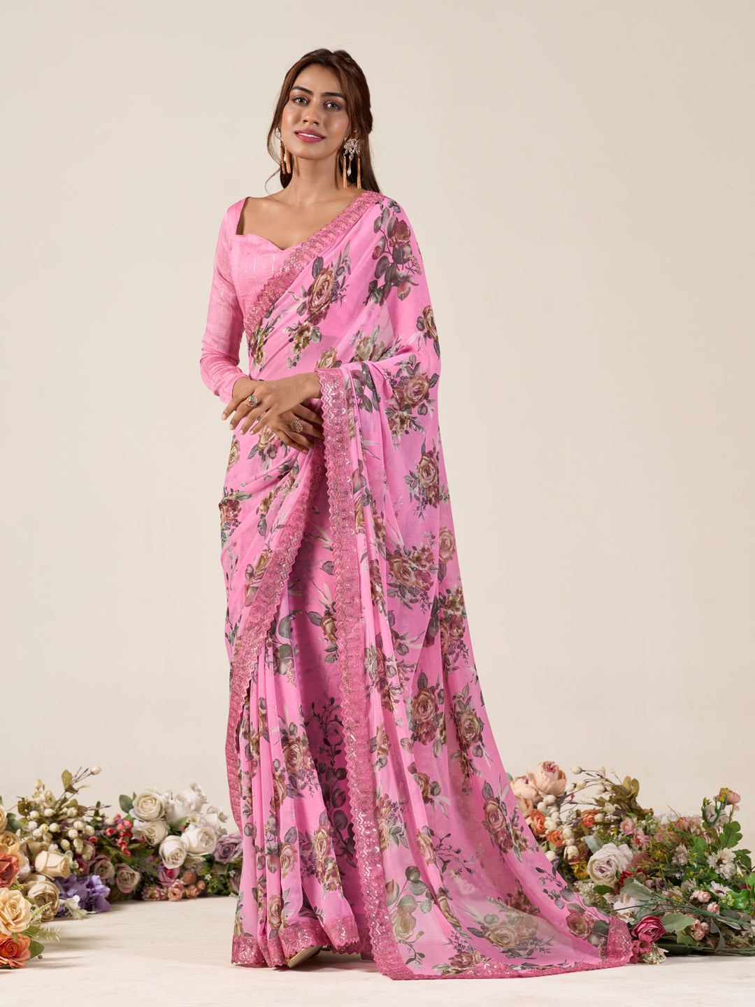 

Mitera Floral Printed Embroidered Saree, Pink