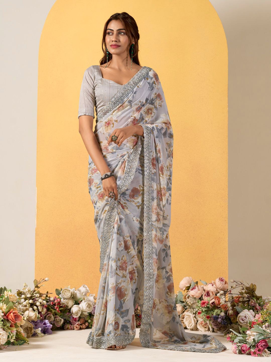 

Mitera Floral Embroidered Saree, Grey
