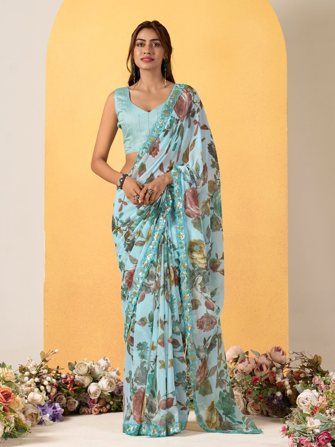 

Mitera Floral Sequinned Saree, Blue