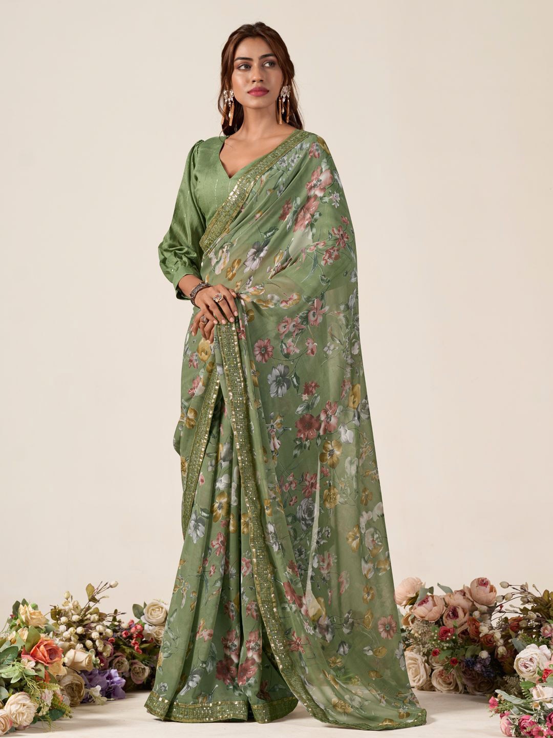 

Mitera Floral Printed Sequinned Saree With Blouse Piece, Green
