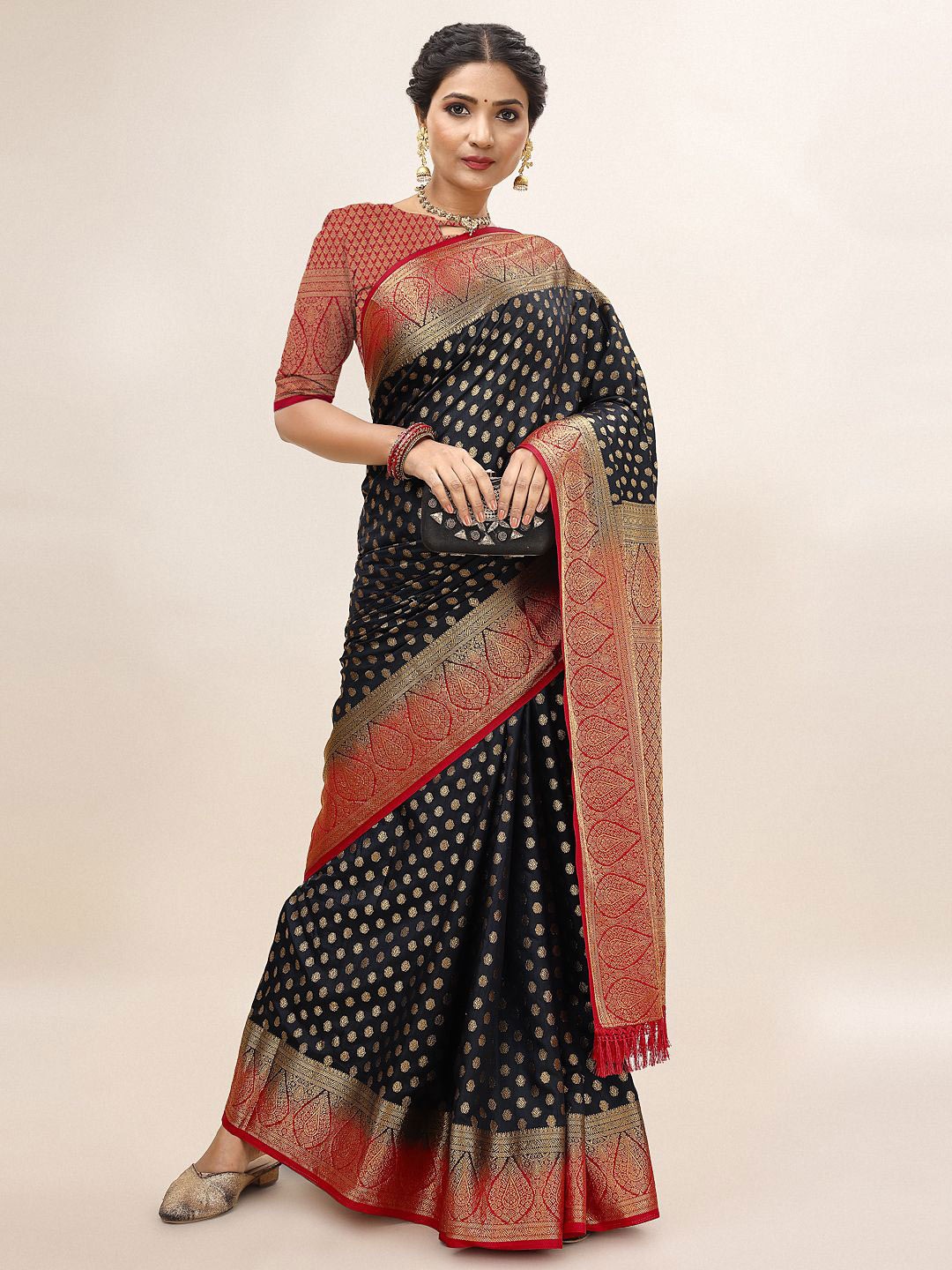 

HERE&NOW Ethnic Motifs Woven Design Zari Saree, Black