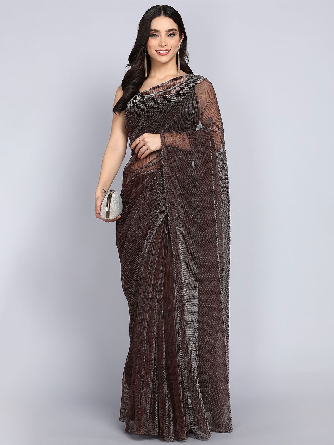 

HERE&NOW Striped Zari Saree, Brown