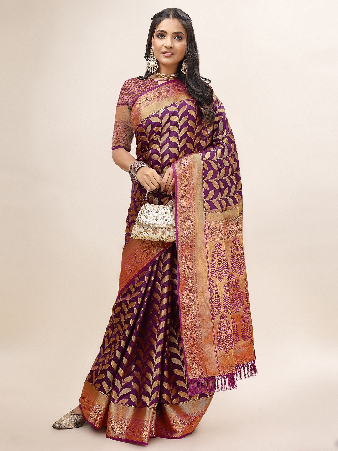 

HERE&NOW Woven Design Zari Saree With Blouse Piece, Purple