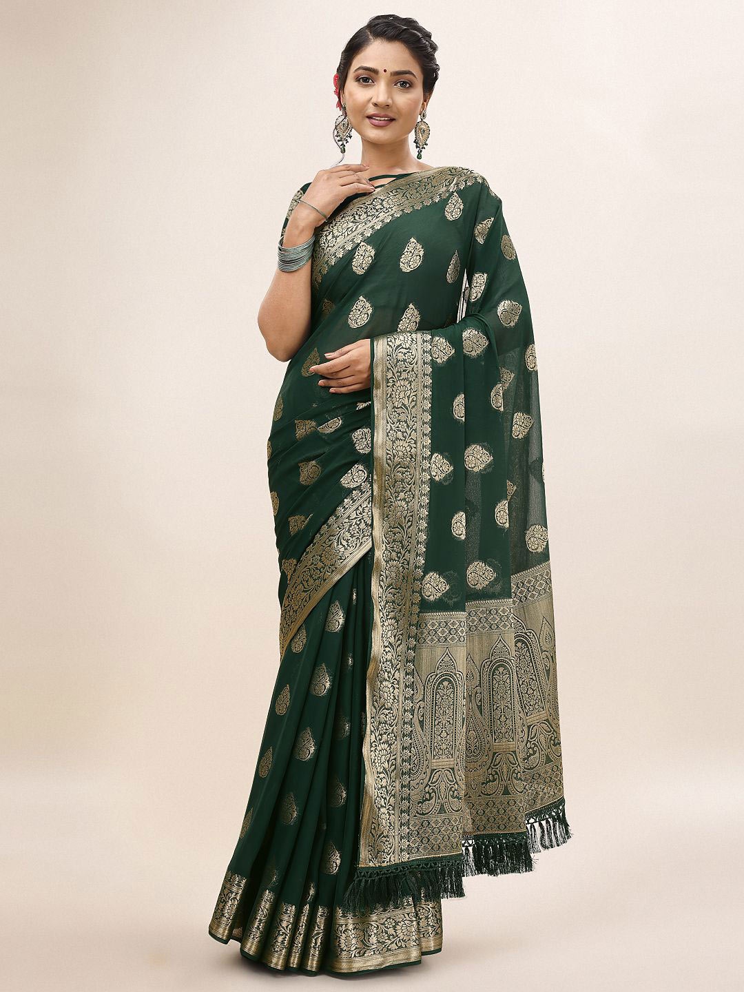 

HERE&NOW Woven Design Zari Pure Chiffon Saree, Olive