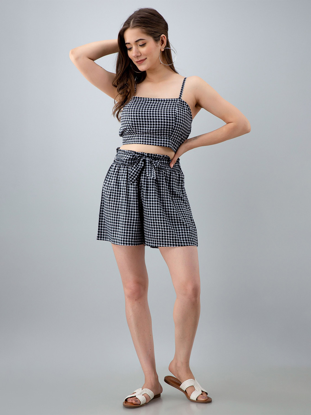 

PRETTY LOVING THING Cotton Checked Fit & Flare Dress, Black