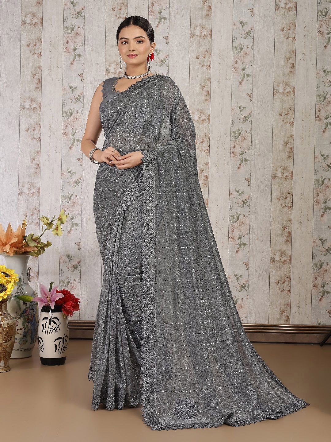 

HERE&NOW Embellished Mukaish Saree, Grey