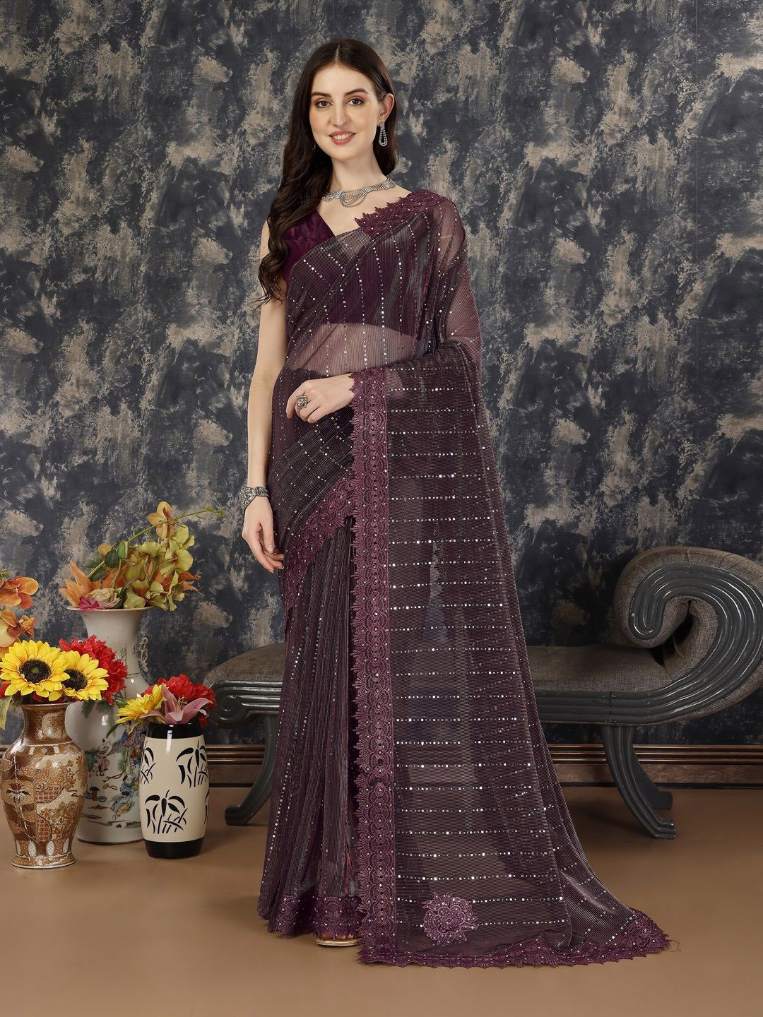 

HERE&NOW Striped Sequinned Saree, Coffee brown