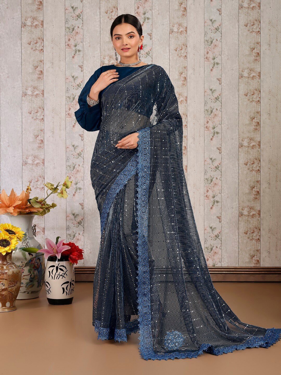 

HERE&NOW Striped Embellished Sequinned Saree, Blue