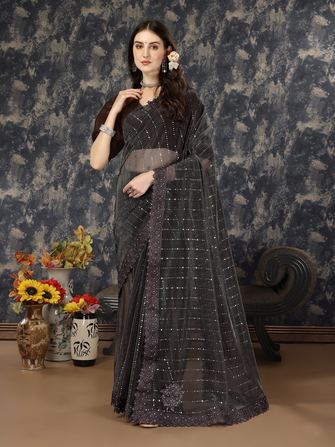 

HERE&NOW Embellished Mukaish Saree, Olive
