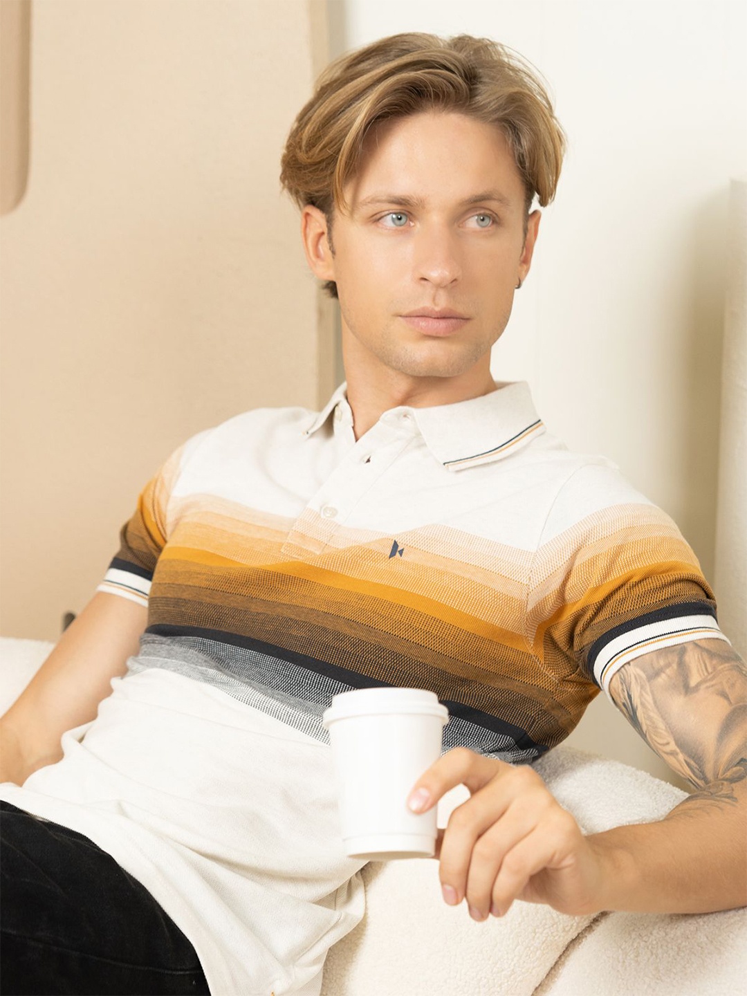 

KOFFY Men Cotton Striped Polo T-Shirt, White