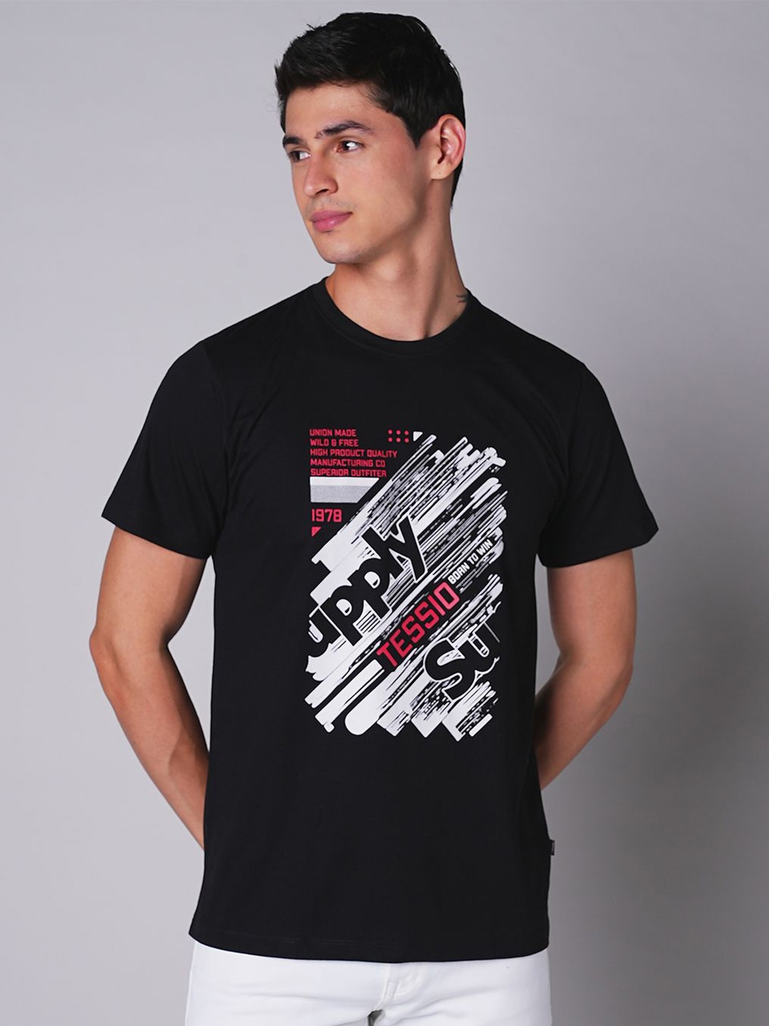TESSIO Men Typography Printed Round Neck T-shirt, Black