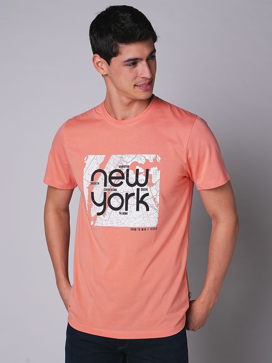 

TESSIO Men Typography Printed Round Neck T-shirt, Peach