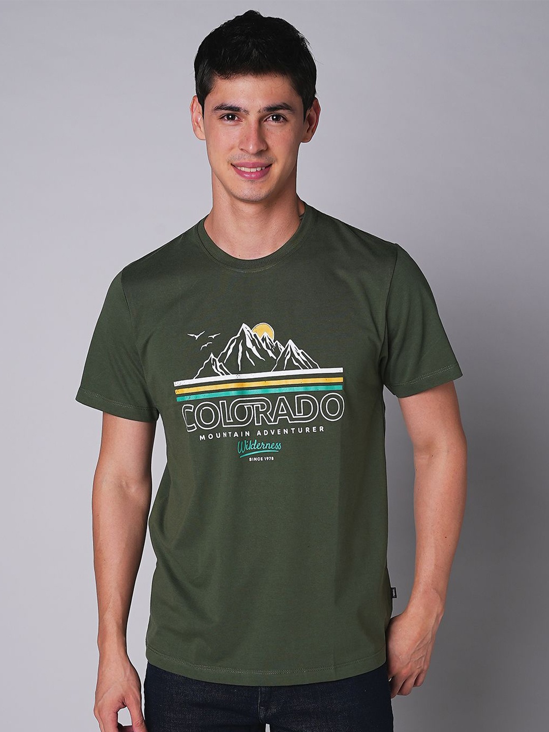 TESSIO Men Typography Printed Round Neck T-shirt, Olive
