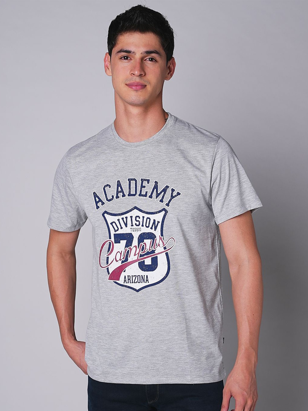 

TESSIO Men Varsity Printed Round Neck T-shirt, Grey