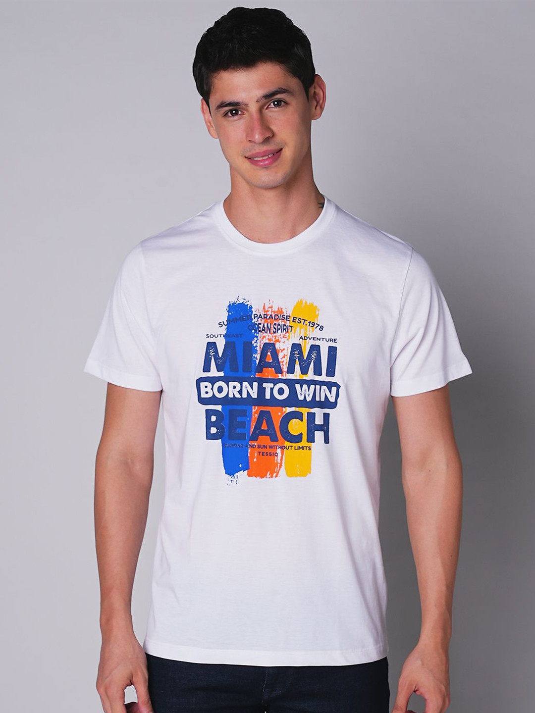 

TESSIO Men Typography Printed Round Neck T-shirt, White