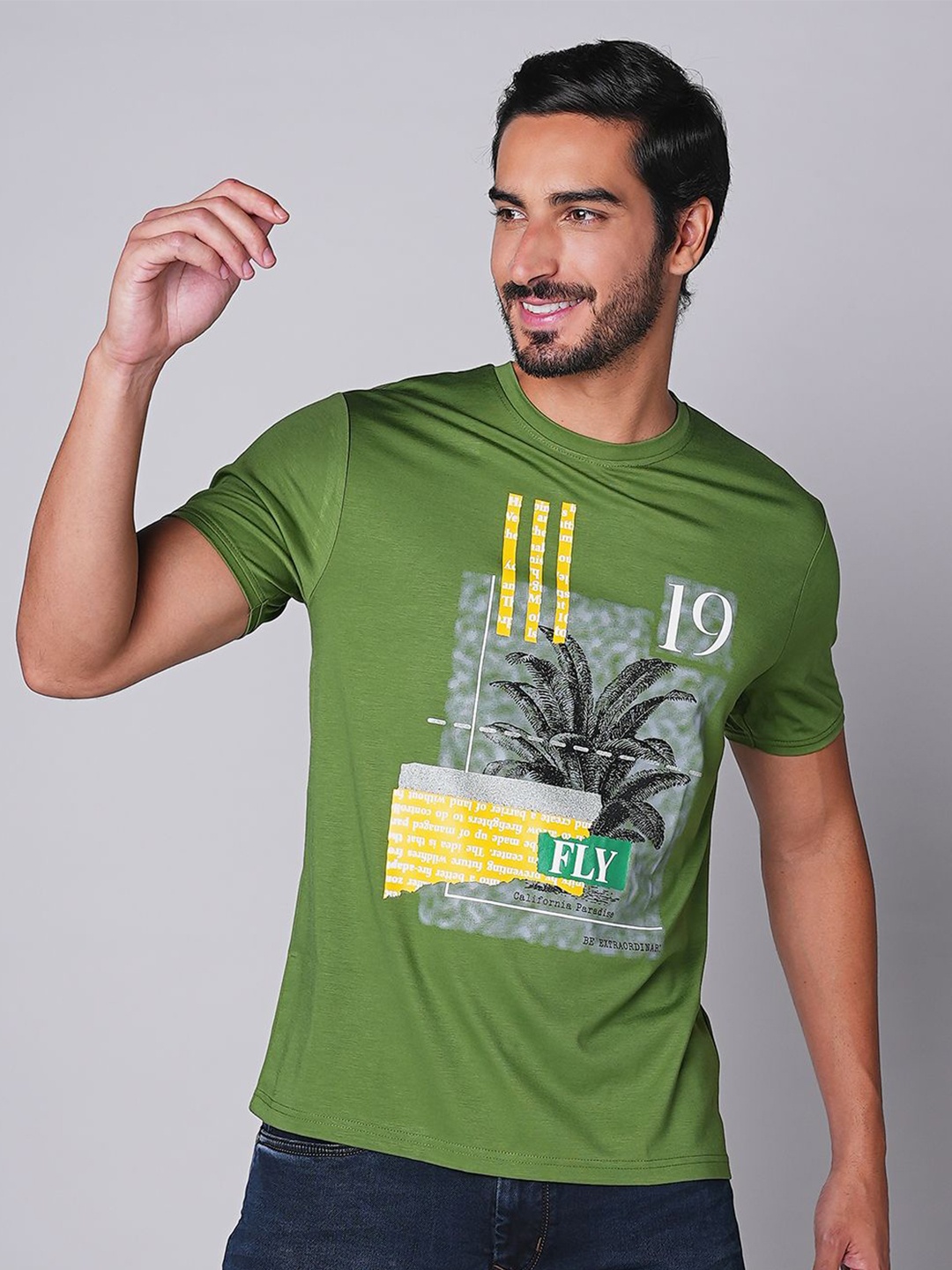 TESSIO Men Typography Printed Round Neck T-shirt, Olive