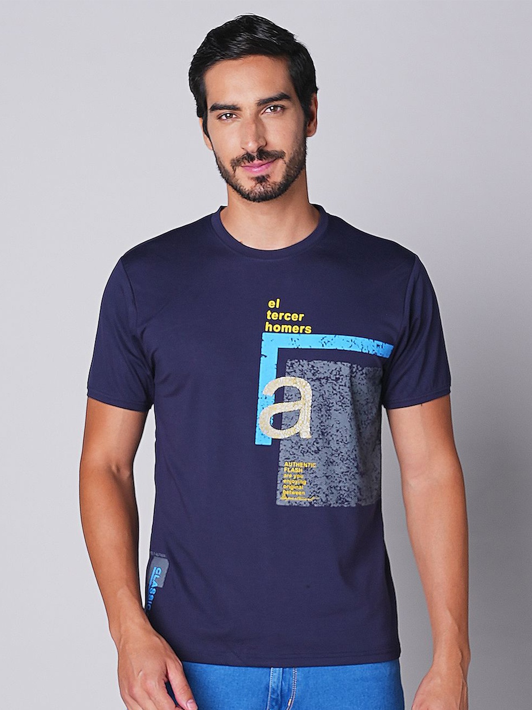 TESSIO Men Typography Printed Round Neck T-shirt, Blue
