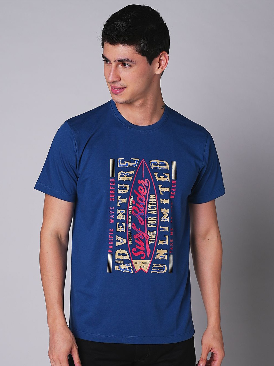 TESSIO Men Typography Printed Round Neck T-shirt, Navy blue