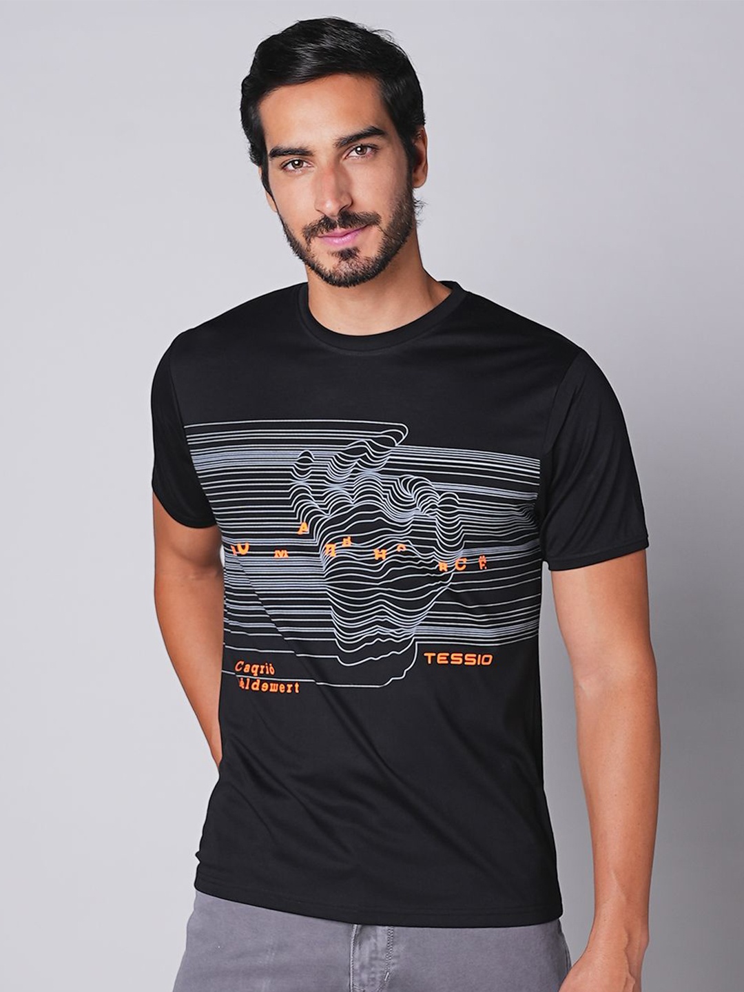 

TESSIO Men Graphic Printed Round Neck T-shirt, Black