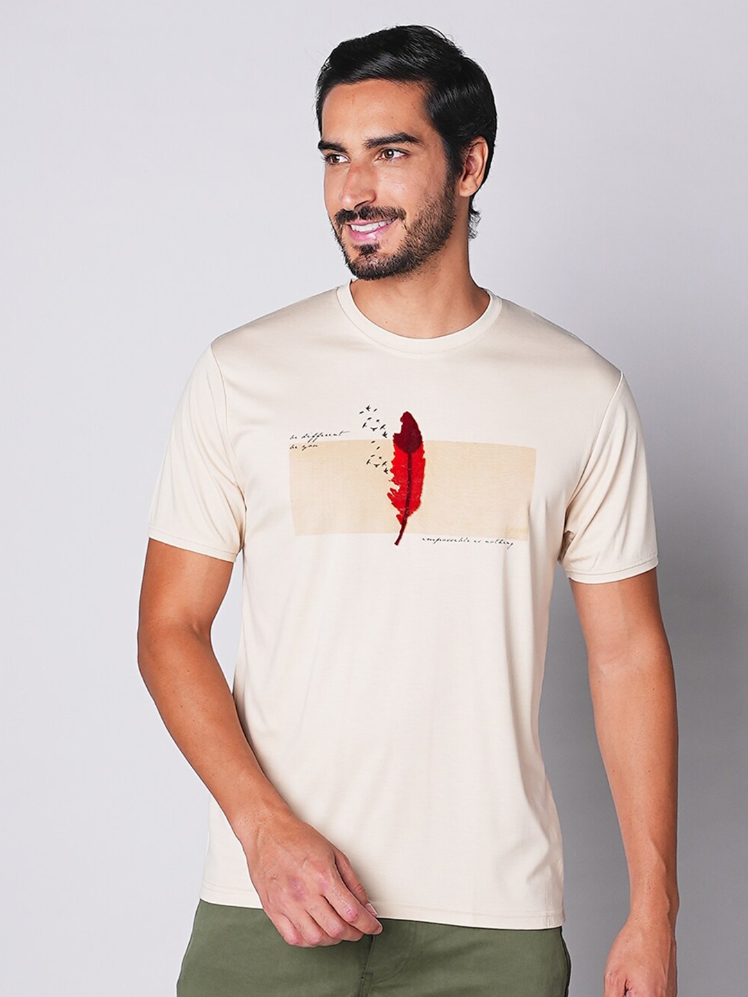 

TESSIO Men Graphic Printed Round Neck T-shirt, Beige