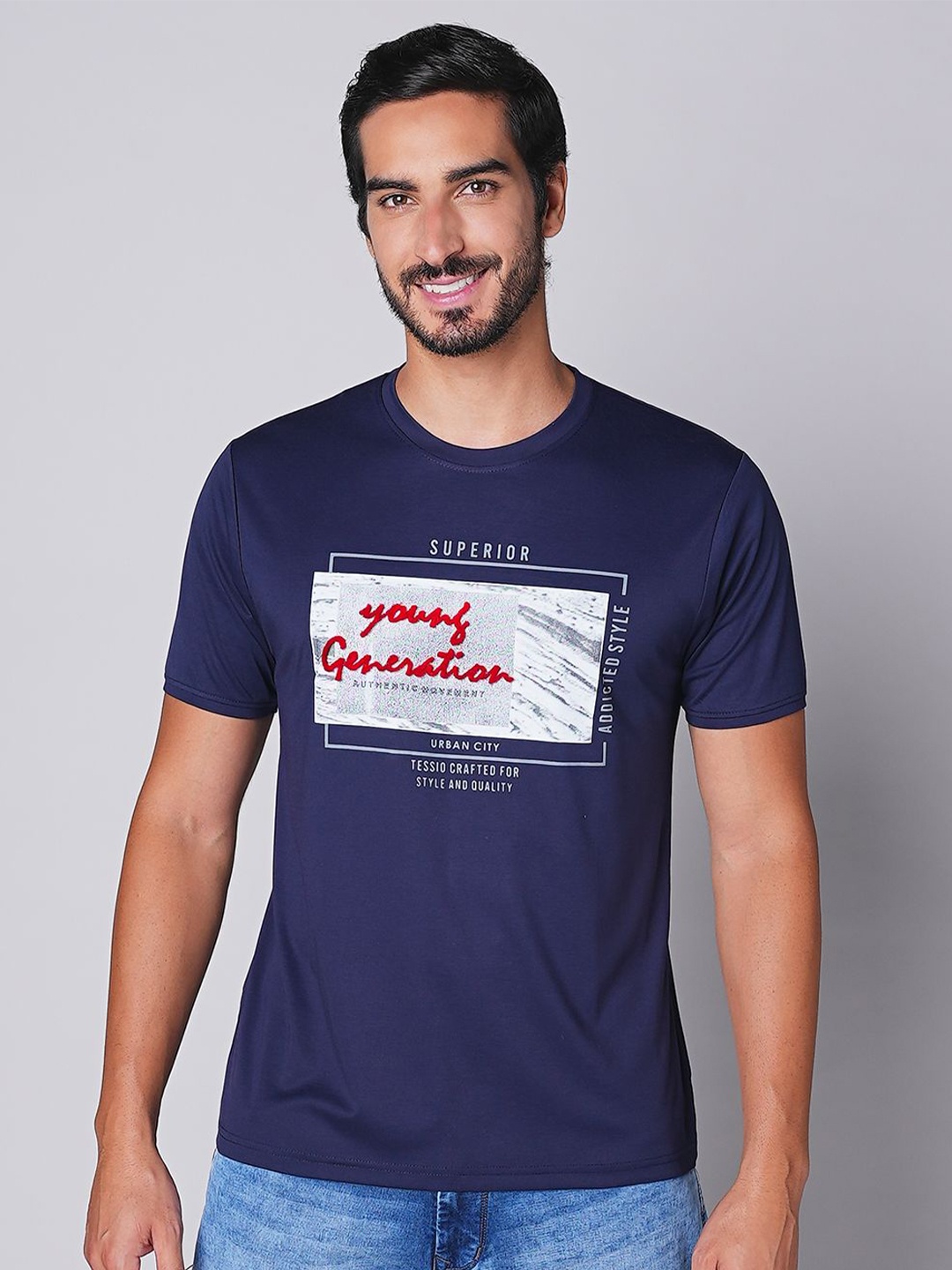 

TESSIO Men Typography Printed Round Neck T-shirt, Blue