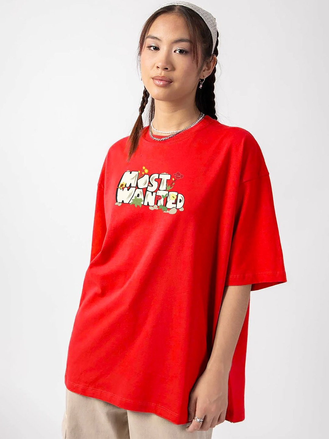 

MISCHIEF MONKEY Women Typography Printed Round Neck Oversized T-shirt, Red