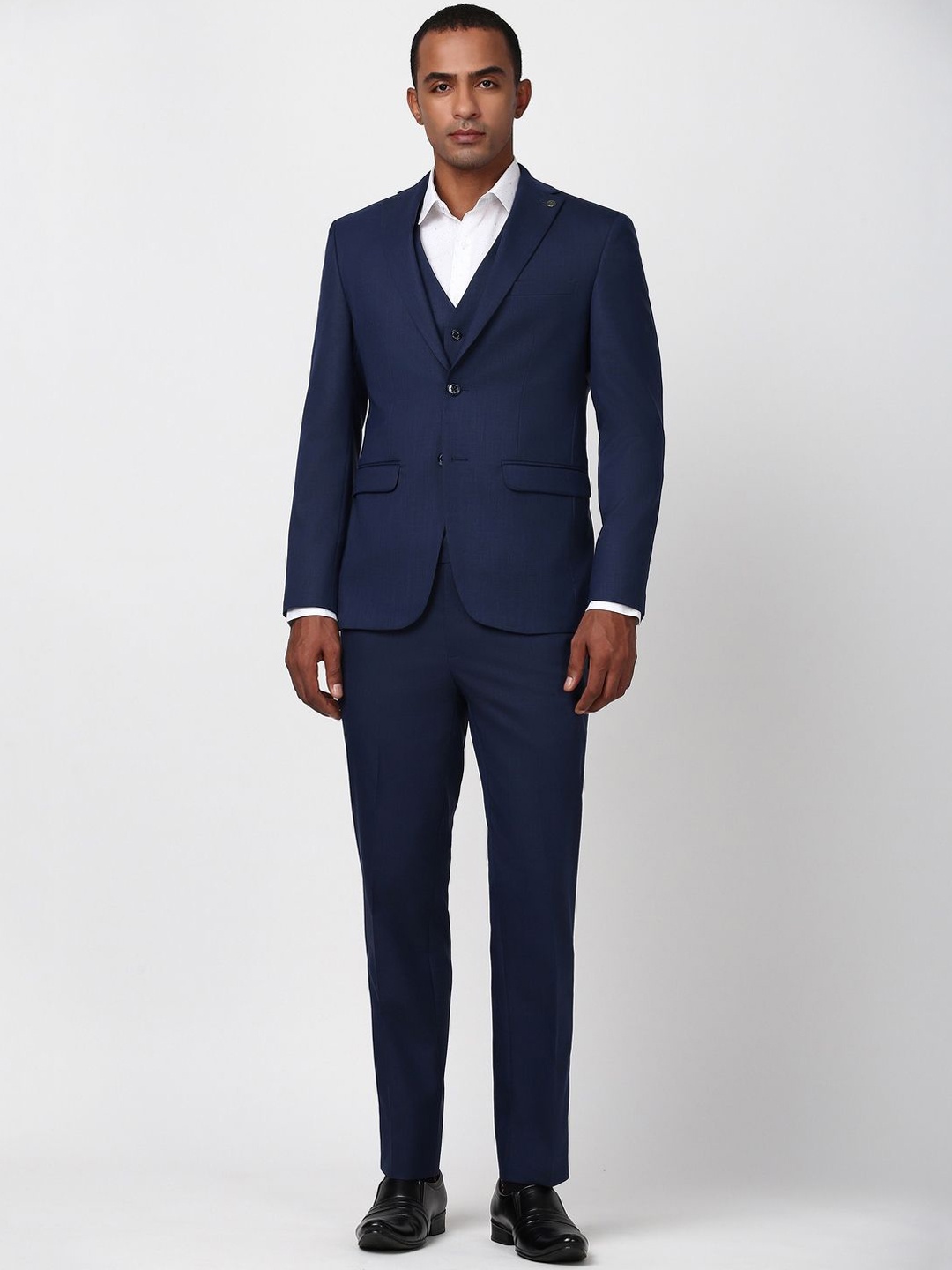 

Peter England Elite Textured Slim-Fit Single Breasted Three-Piece Formal Suits, Navy blue