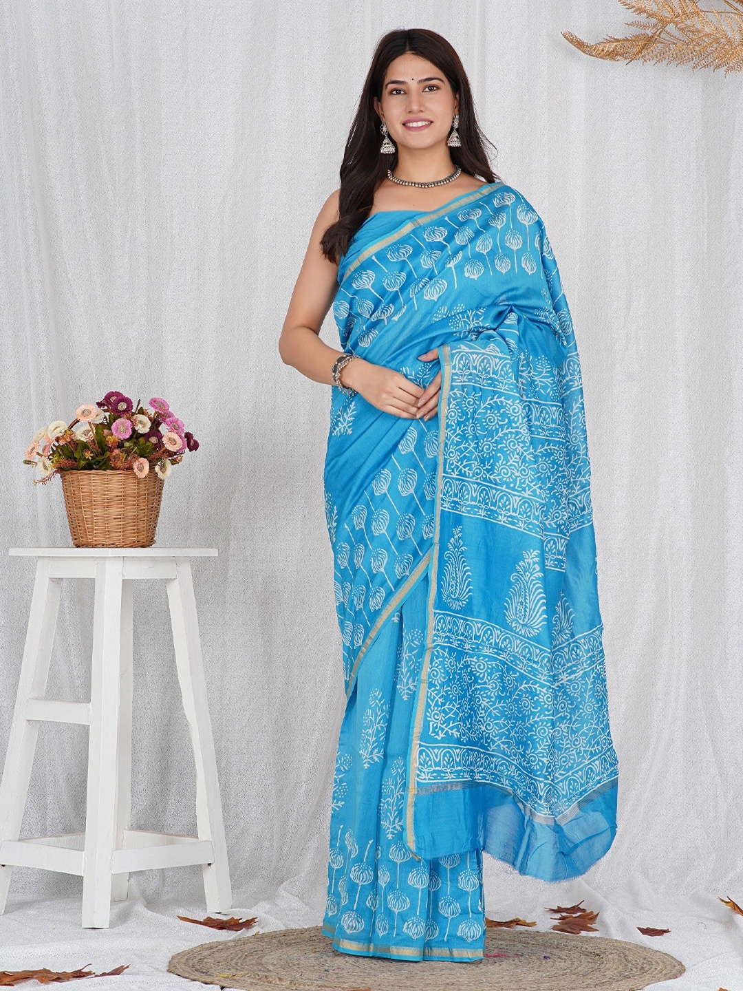 

Shivanya Handicrafts Ethnic Motifs Zari Pure Silk Block Print Saree, Turquoise blue