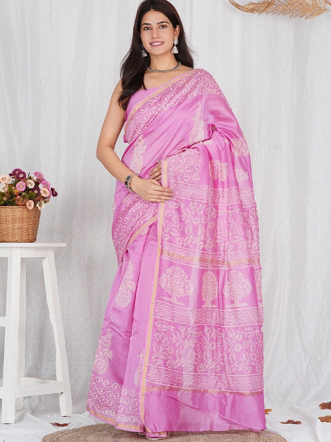 

Shivanya Handicrafts Pure Silk Block Print Saree, Pink