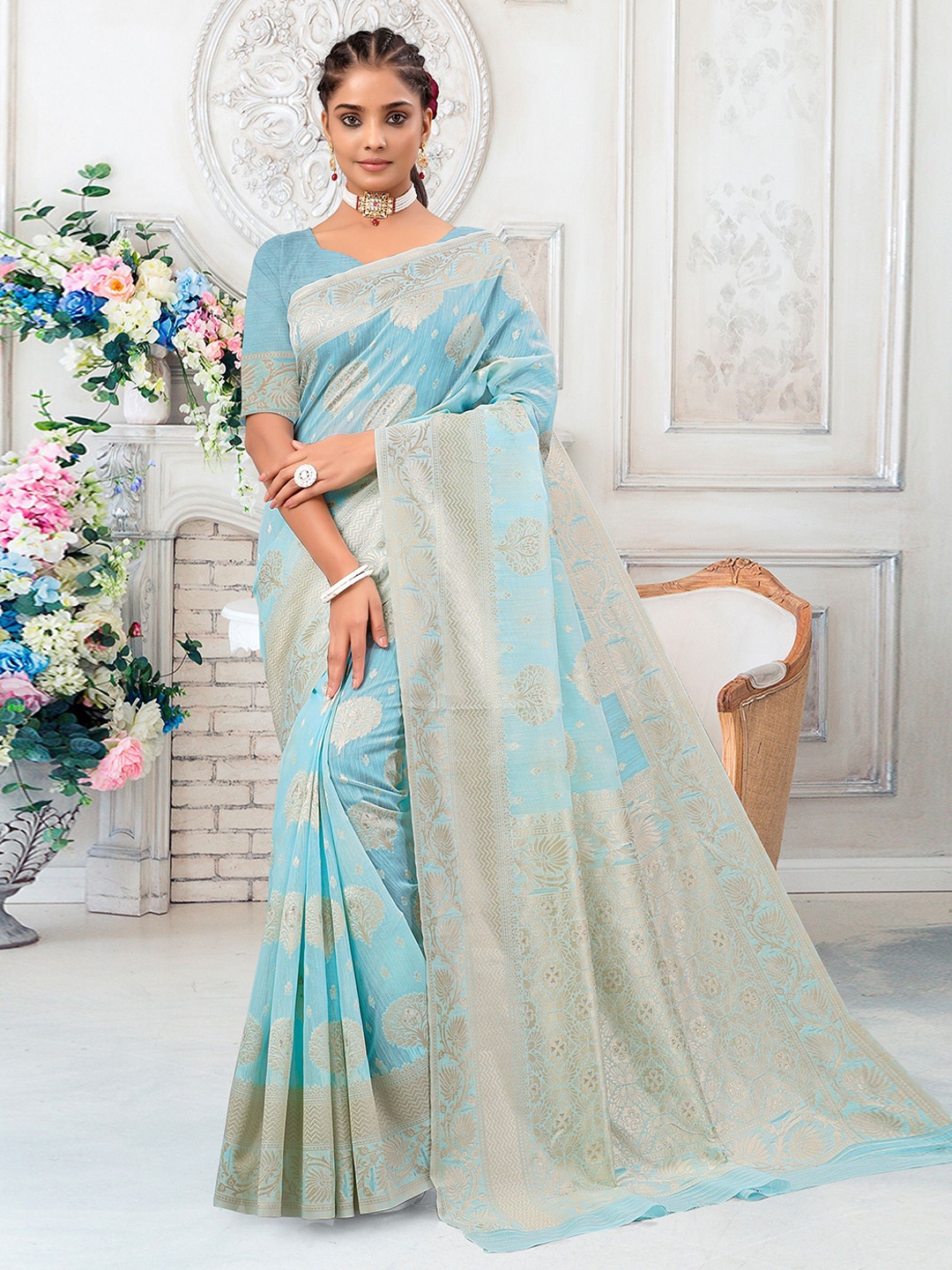 

RUDIT CREATION Woven Design Zari Linen Blend Saree, Blue