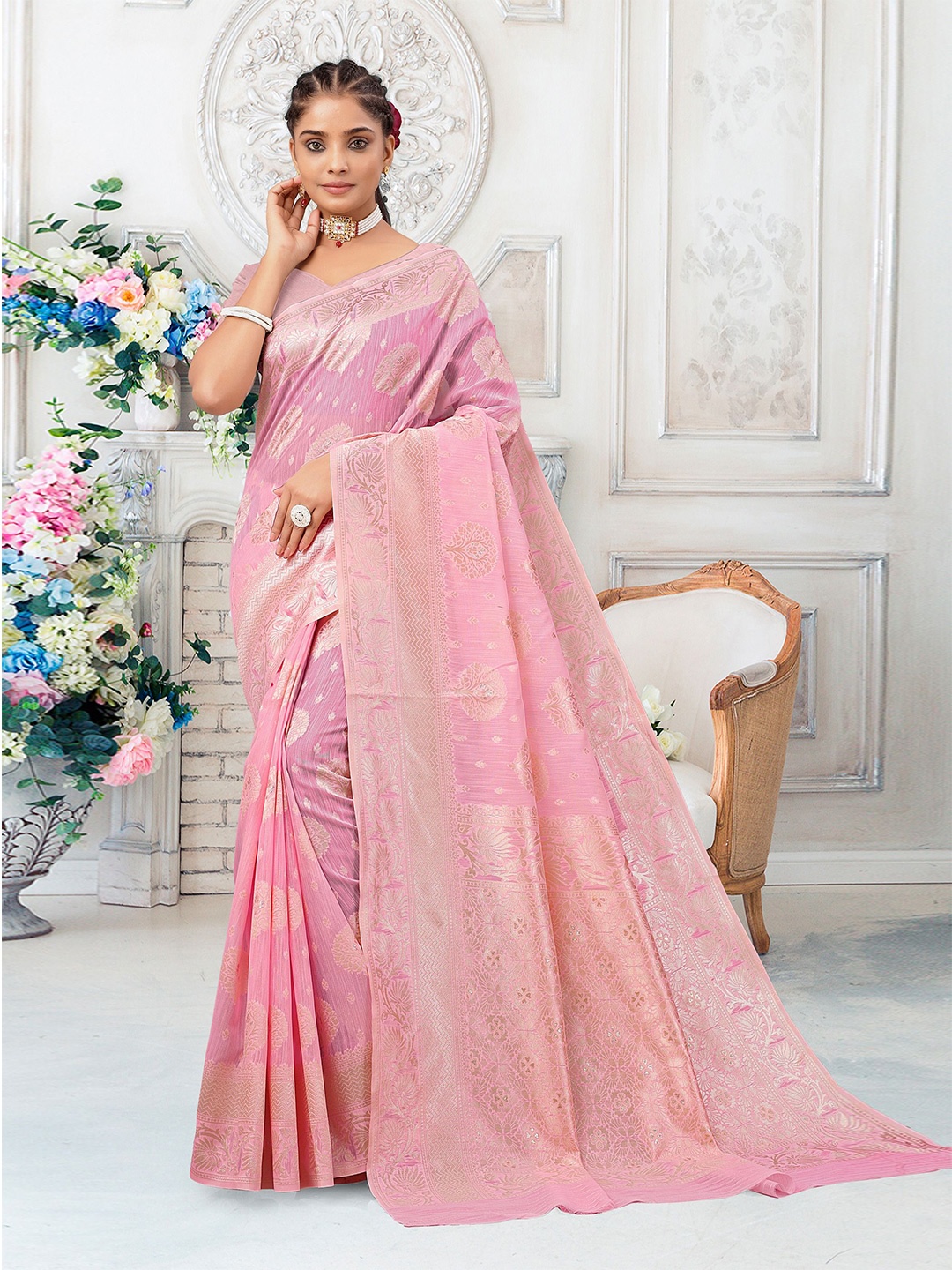 

RUDIT CREATION Woven Design Zari Linen Blend Saree, Pink