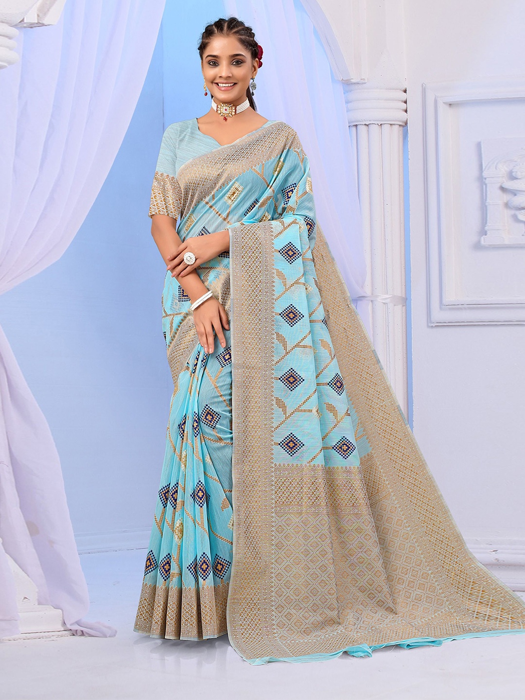 

RUDIT CREATION Woven Design Zari Linen Blend Saree, Blue