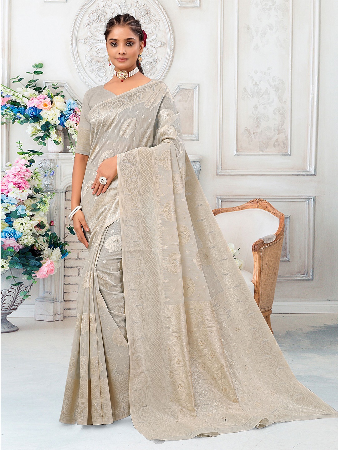 

RUDIT CREATION Woven Design Zari Linen Blend Saree, Grey