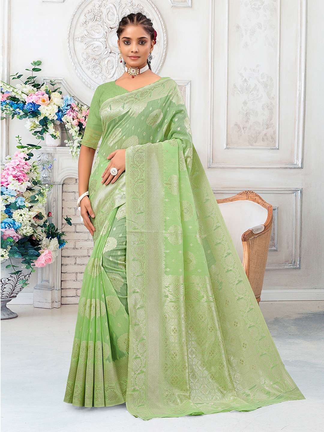 

RUDIT CREATION Woven Design Zari Linen Blend Saree, Green