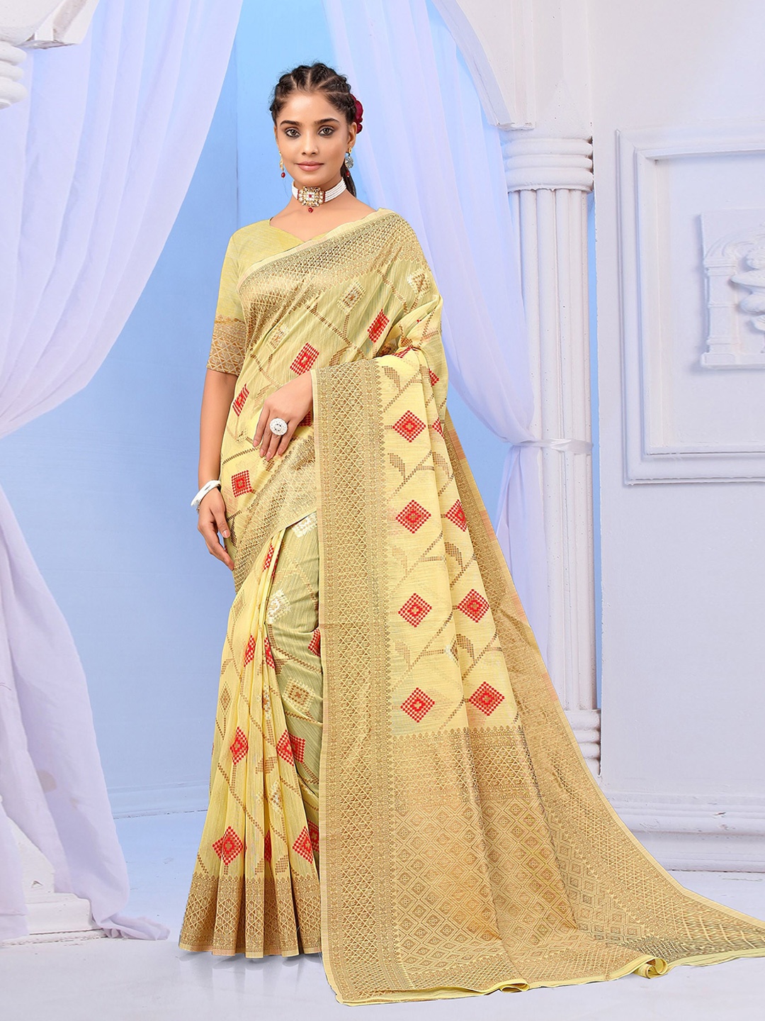 

RUDIT CREATION Woven Design Zari Linen Blend Saree, Yellow