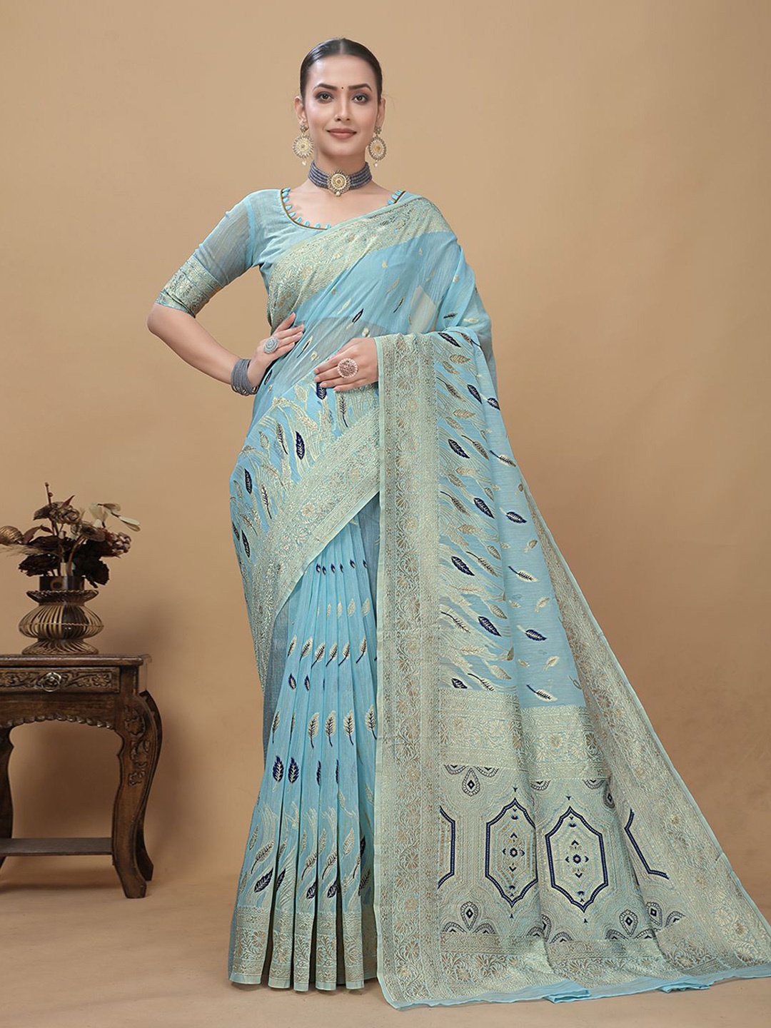 

RUDIT CREATION Woven Design Zari Linen Blend Saree, Blue