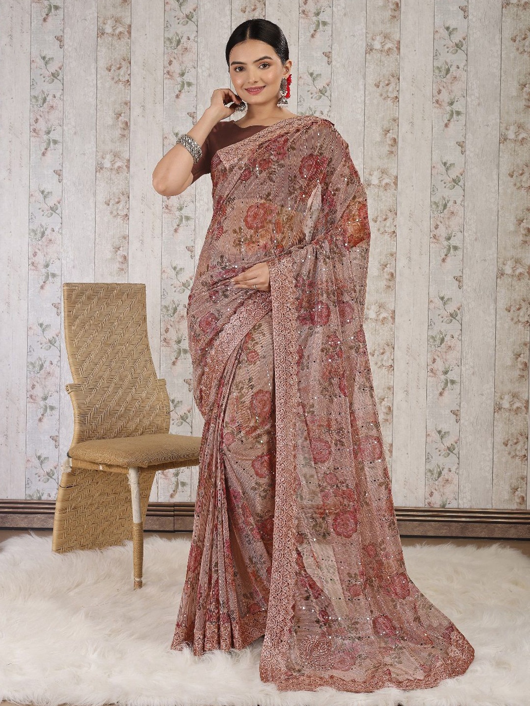 

HERE&NOW Striped Sequinned Saree, Peach