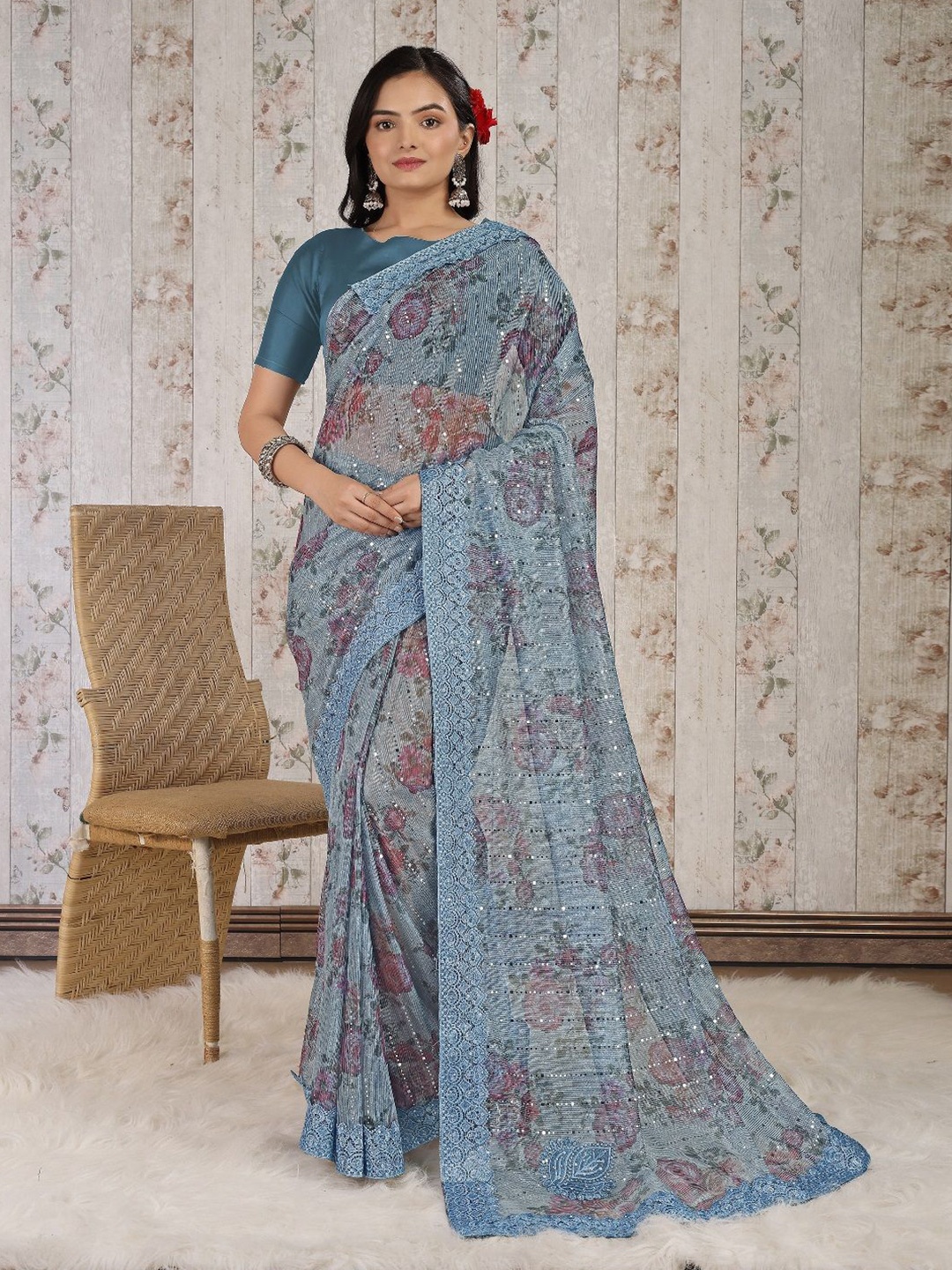 

HERE&NOW Floral Digital Print Saree, Blue