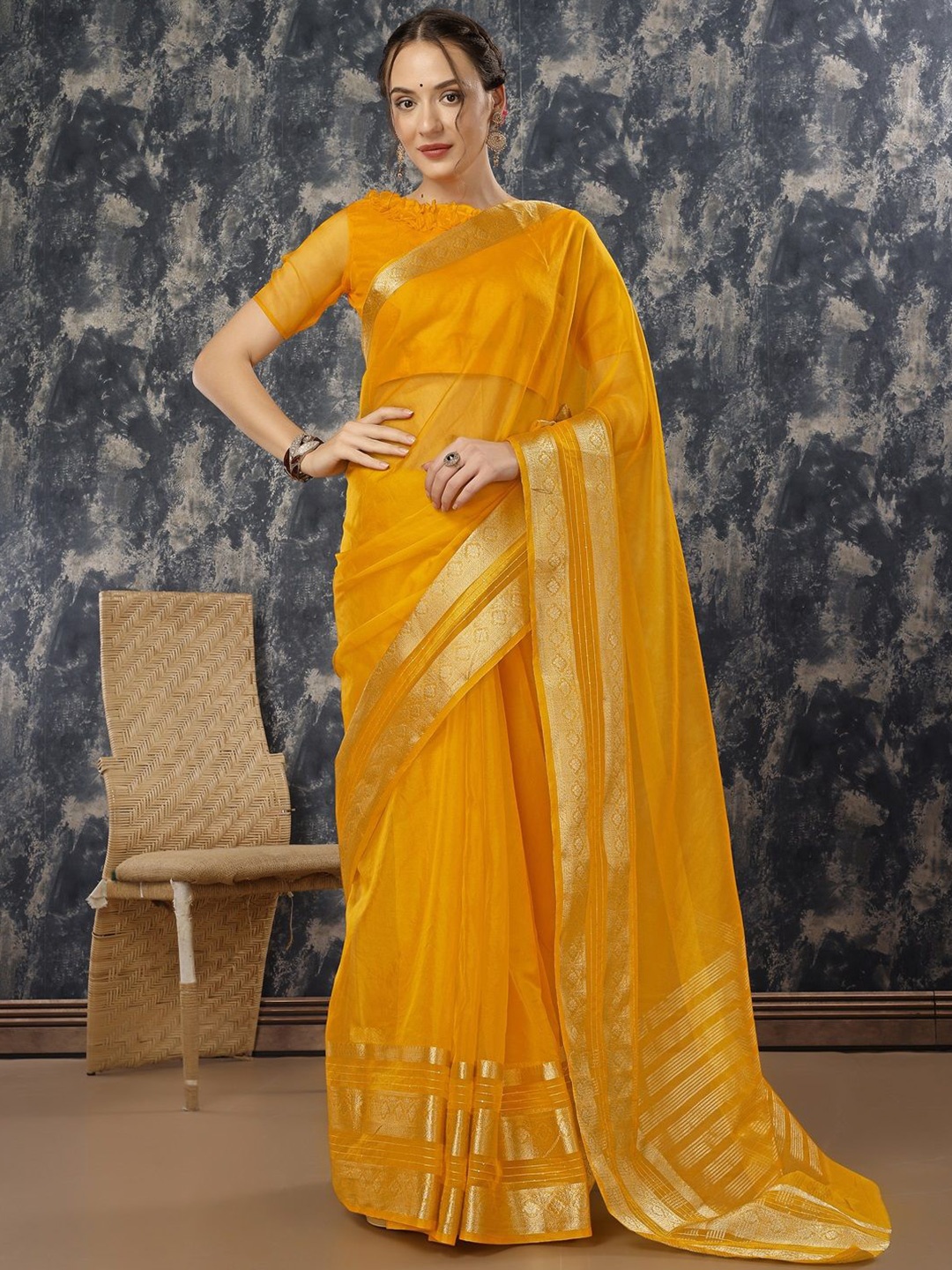 

HERE&NOW Zari Organza Saree, Yellow