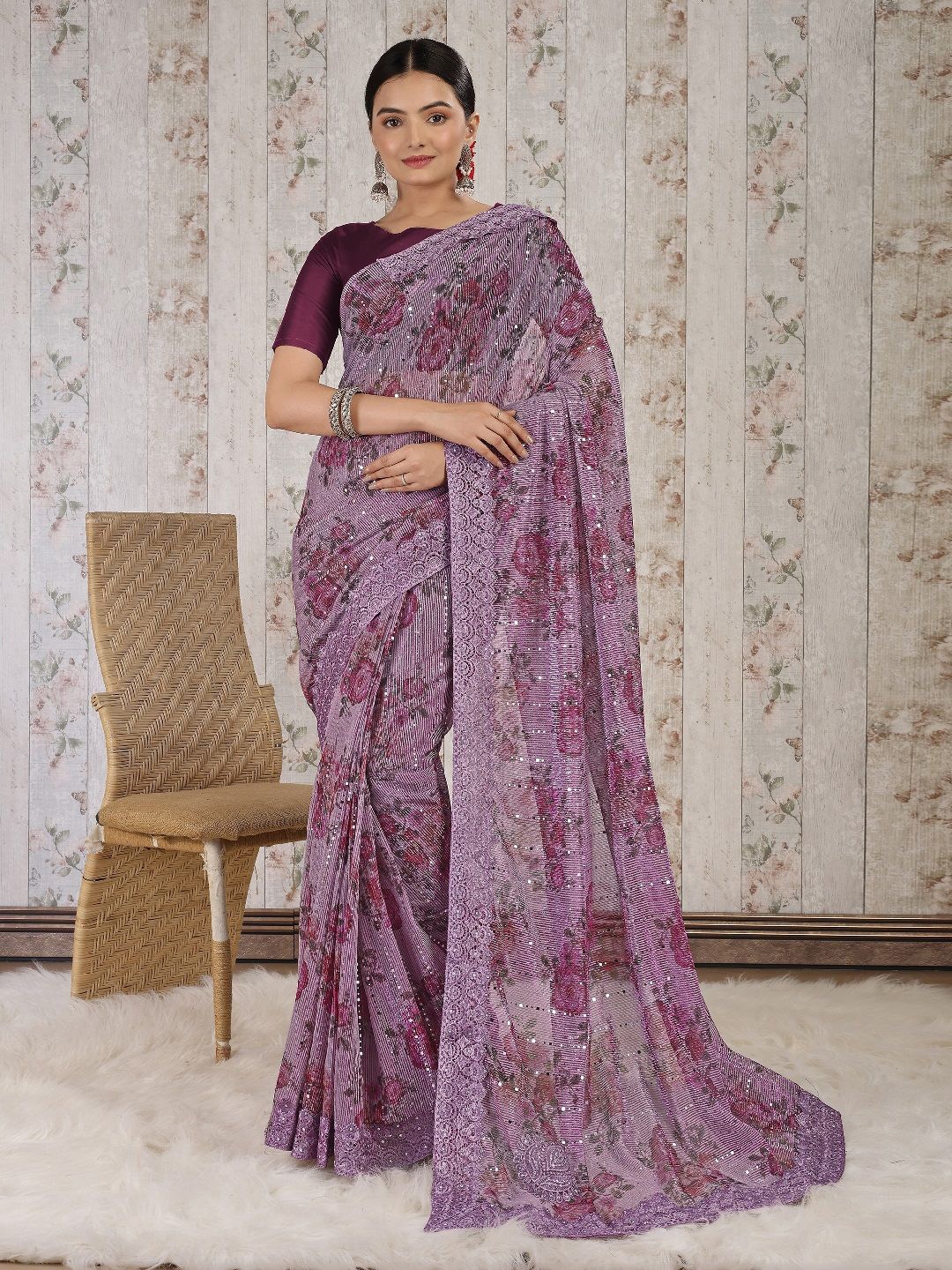 

HERE&NOW Floral Mukaish Saree, Purple