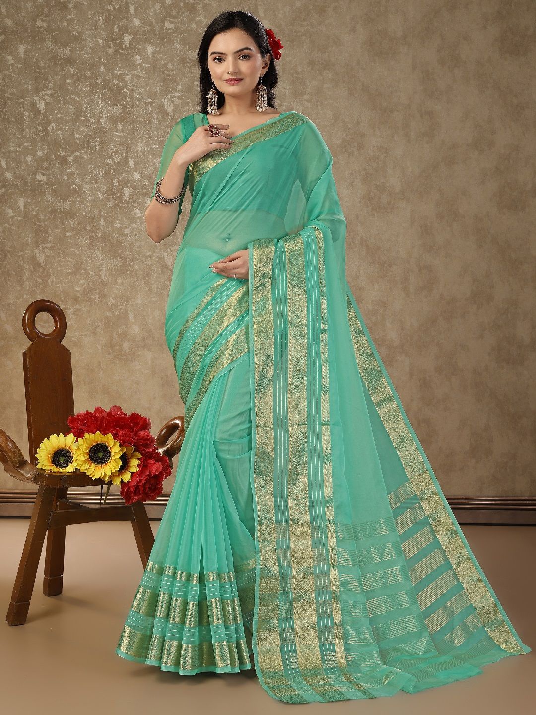 

HERE&NOW Zari Organza Saree, Green