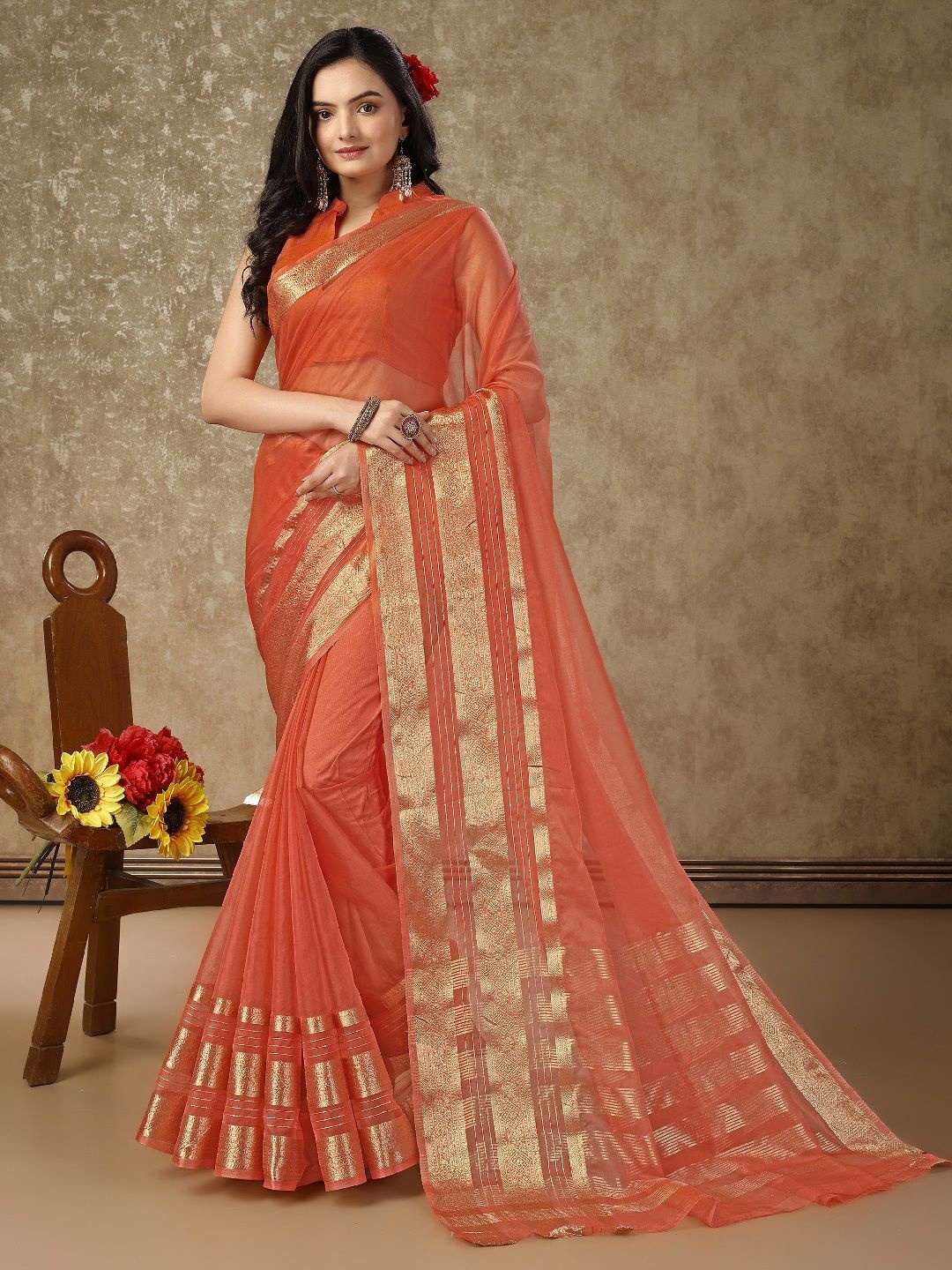 

HERE&NOW Zari Organza Saree With Blouse Piece, Orange