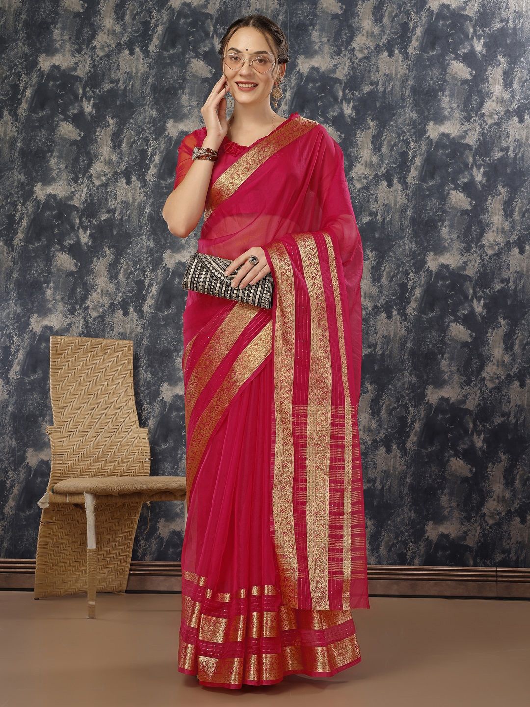 

HERE&NOW Zari Organza Saree, Pink