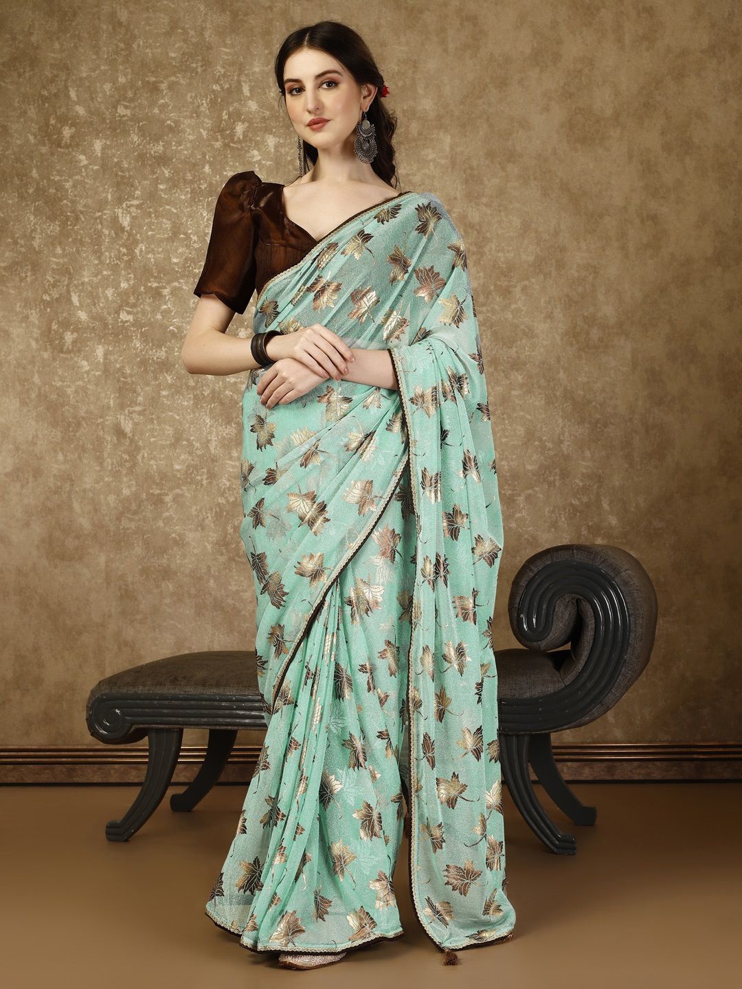 

HERE&NOW Embellished Gotta Patti Saree, Fluorescent green
