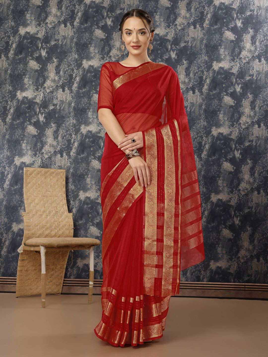

HERE&NOW Zari Organza Saree, Red