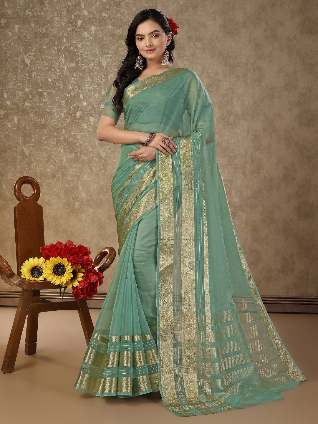 

HERE&NOW Zari Organza Saree, Sea green